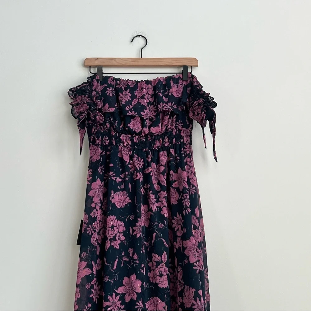 New Lulus Love and Blooms Navy Blue Floral Print Off The Shoulder maxi Dress - Picture 13 of 14